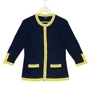 Talbots Women's Navy Blue Textured Knit Cardigan Gold Button Striped Trim Size M